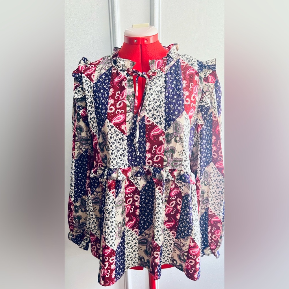 New w/tag Umgee Multicolor Paisley Floral mixed print Top Blouse Wine Mix  large